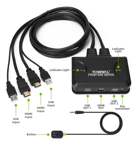 Conmutador Kvm Hdmi De 2 Puertos 4k, 2 Computadoras Com...