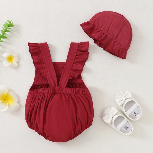 2pcs Mameluco Verano Tierno De Tirantes Bebé 0-9 M Con Gorro Bordó 6-9 M Geométrico