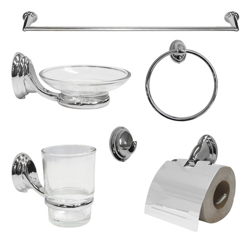 Kit Accesorio Set Baño 6 Piezas 100% Metálico Y Vidrio