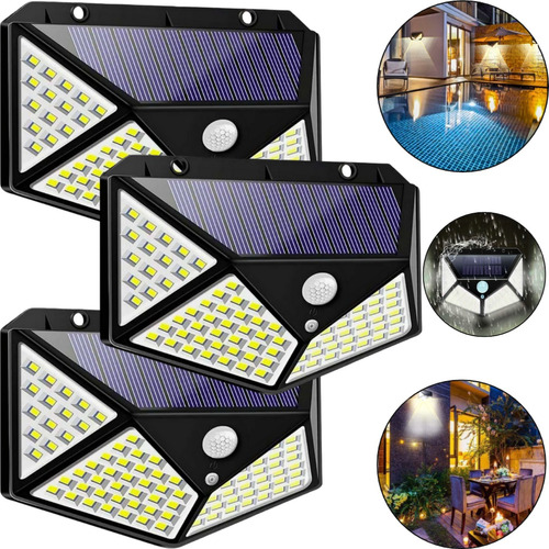 Kit 3 Luminária Solar Luz Refletor 100 Led Jardim Com Sensor