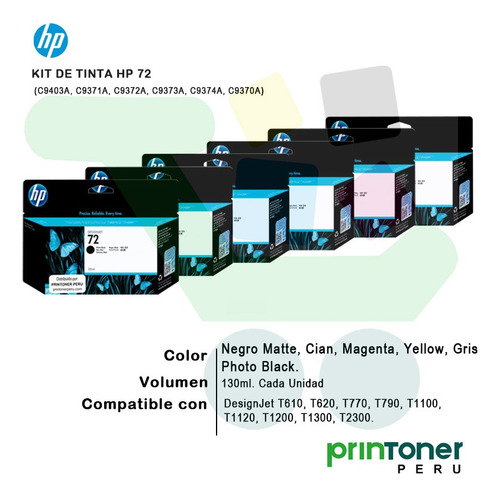 Tinta Hp 72 Kit De 6 Colores 130ml Mbk, C, M, Y, G, Pk