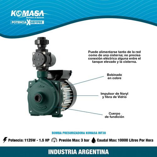 Bomba Inteligente Centrifuga Eleva30 Mts 1.5 Hp Int30 Komasa Color Plateado Fase eléctrica Monofásica Frecuencia 50 Hz
