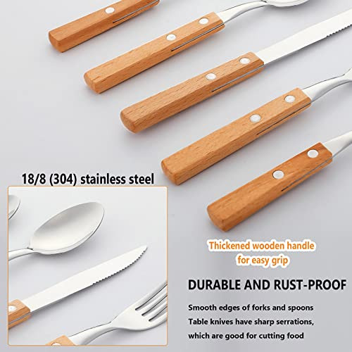 40 Piezas Mango De Madera Cubiertos De Plata Conjunto Mango