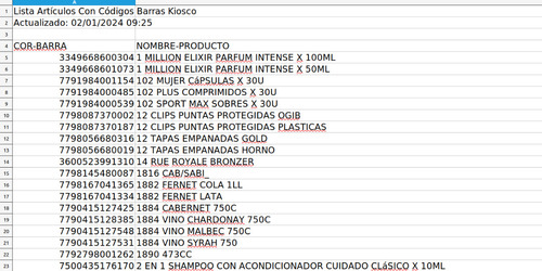 Lista Artículos Con Códigos Barras Kiosco