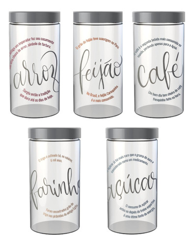 Kit 5 Potes De Mantimentos 1,8lt Frases Tampa De Rosca