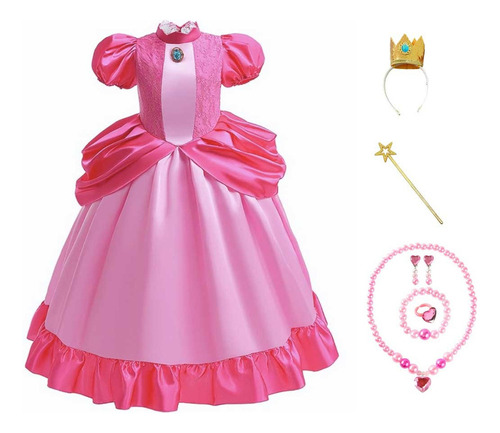 Nuevo Super Mario Peach Princesa Disfraz De Cosplay Para Niños,vestido De Manga Burbuja Rosa+accesorios 0