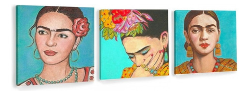 Tríptico Cuadros Decorativos Frida Kahlo En Lienzo Canvas Color Multicolor Armazón Bastidor