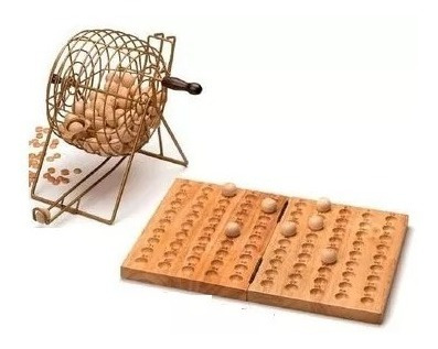 Bingo Familiar De Lujo Bolillero Dorado Metalico Y Madera