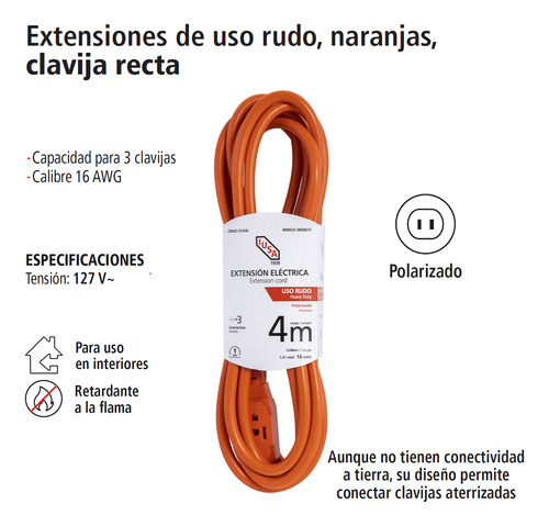 Extensión De Uso Rudo, Naranja, Clavija Recta, 4m, Iusa