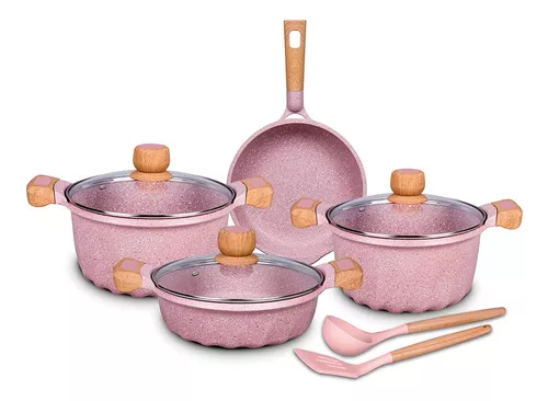 Conjunto de Panelas 16 Pçs Indução Revestimento em Granito Antiaderente Cor  Rosa Cooklover