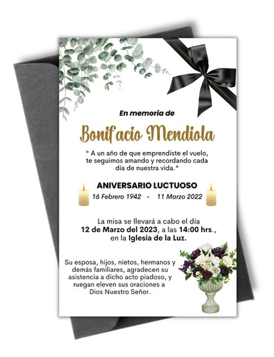 Invitación Esquela Aniversario Luctuoso Novenario Digital