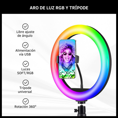 Aro De Luz 26cm Luz Led Rgb Trípode Soporte Celulares Selfie