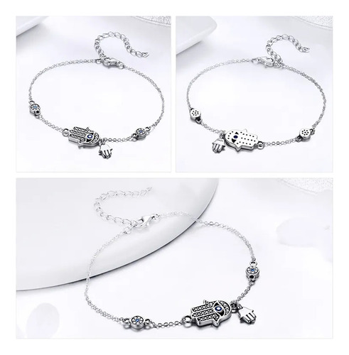 Pulsera Protección Mano De Fátima Y Ojo Turco Plata S925