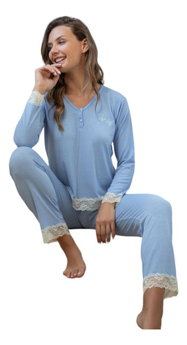 Pijama Mujer Invierno Liso Puntilla Bianca Secreta 24520