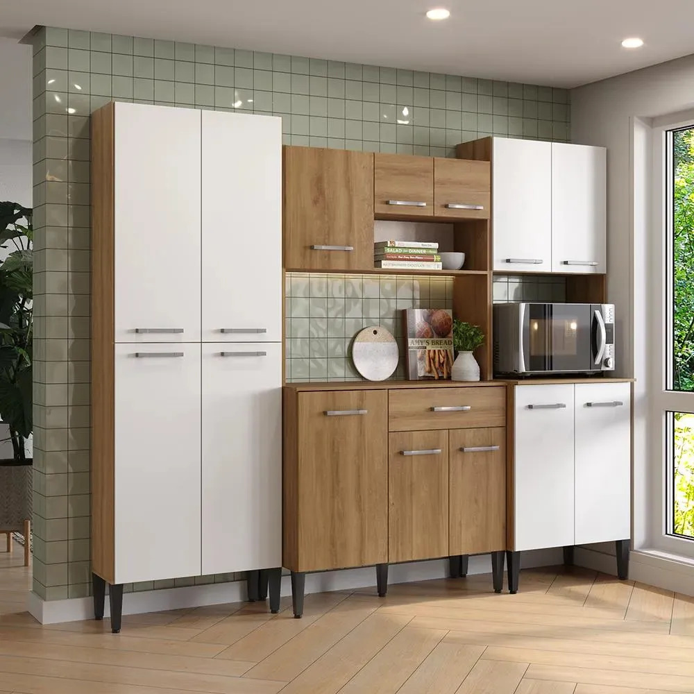 Armário De Cozinha Compacta Arizona Fit Carraro Branco Carvalho Com Branco