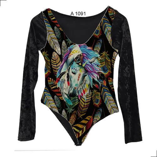 Bori Body Feminino Estampado Com Veludo Preto Cavalo Penas