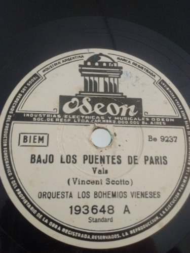 Orquesta Los Bohemios Vieneses Disco Pasta Odeon 193648 C23
