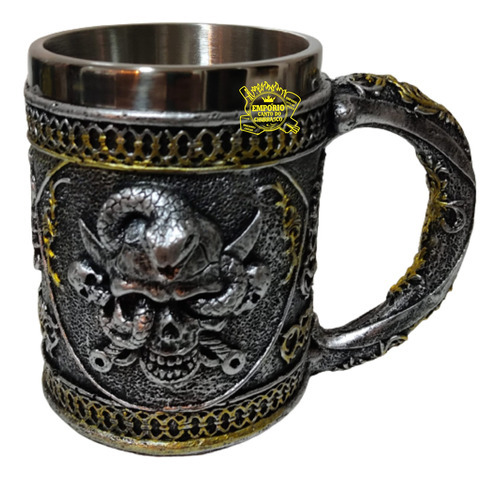Caneca Viking 3d Inox Medieval Cerveja Caveira Chopp 400ml