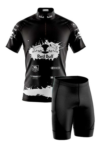 Conjunto Camisa E Bermuda Ciclismo Redbull Preto E Branca