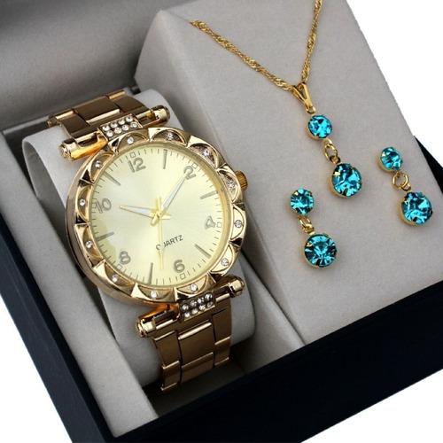 Imagem 3 de 4 de Relogio Feminino Dourado Barato Original Kit Colar E Brincos