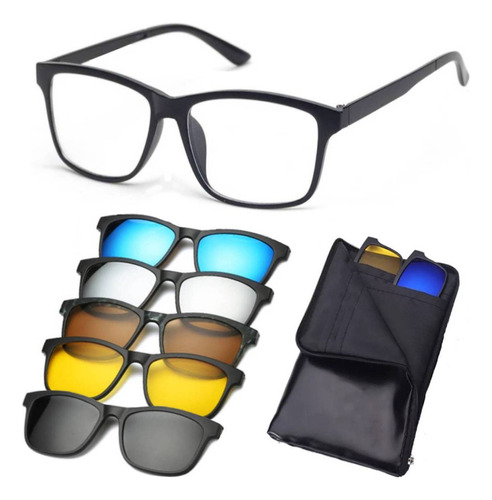 Óculos De Sol Clip On C/ Armação Grau 6 X 1 Polarizado Uv400 Armação Preto 2201 55-18-138 Lente Cinza-escuro Desenho Mirror
