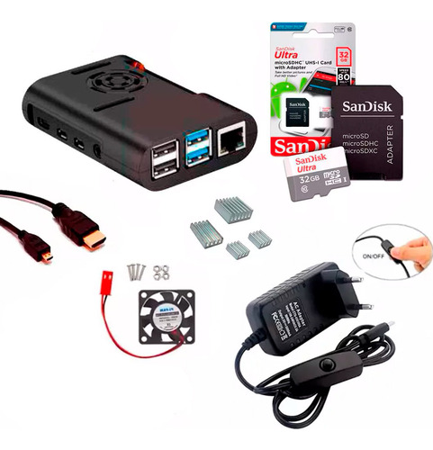 Case Cooler, Fonte Botão On/off + 32gb P/ Raspberry Pi4 Nfe