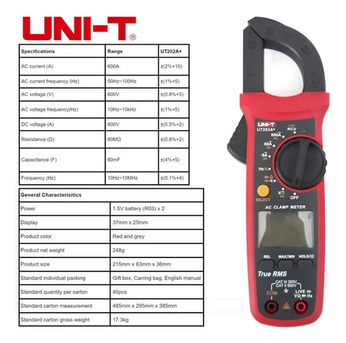 Pinza Amperimétrica Uni-t Ut-202 A+ 600 A - 600v Edisel.ts