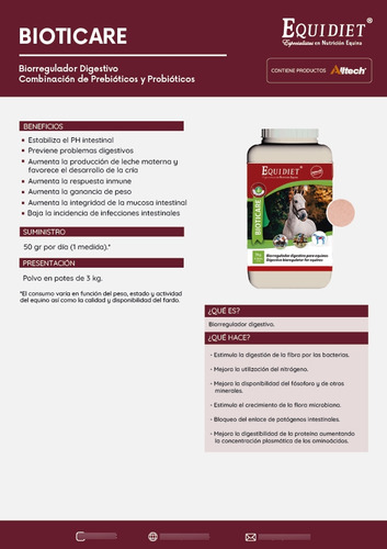 Equidiet Bioticare Biorregulador Digestivo 3kg Granulado