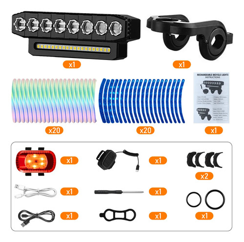 Liefine® Luz Para Bicicleta 6000 Lúmenes Impermeable 8led Recargable 6 Modos, Lampara Bicicleta Luces De Bicicleta Accesorios Con Luz Trasera Y Reflejante Sticker Rines, Luz Bicicleta De Control Doble