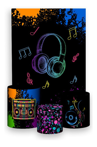 Painel De Festa 1,5x2,2+ Trio De Capa Cilindro - Fone Neon