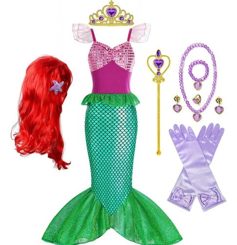 Vestido Disfraz Ariel La Sirenita Con Peluca Y Accesorios 