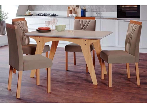 Conjunto: Mesa Sala Jantar Selena C/ Tampo Madeirado C/ Vidr