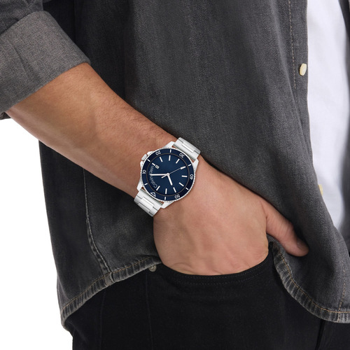 Reloj Calvin Klein Hombre 25200385 Detalles Impresionantes Correa Plata Bisel Azul Fondo Armada