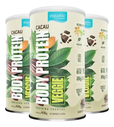 Kit 3x Body Protein Veggie Cacau 418g Vegano 18 Aminoácidos