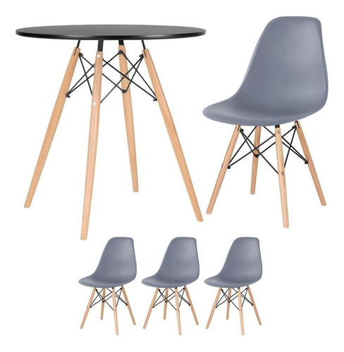 Kit Mesa Jantar Eames Wood 70 Cm 3 Cadeiras Eiffel Coloridas Tampa Mesa Preto Com Cadeiras Cinza Escuro