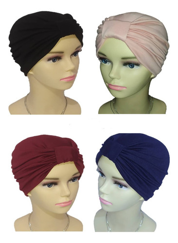 4 Gorros Turbantes Dama Algodón Seda. Oncólogico Quimio Color Negro-rosa Claro-marino-tinto