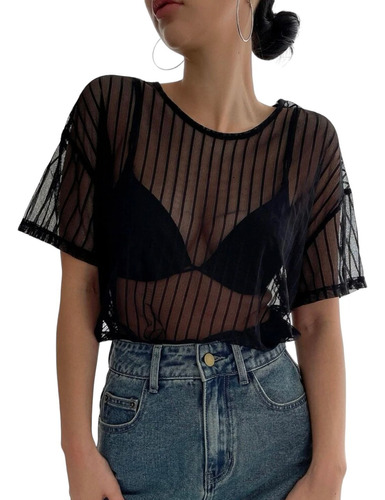 Remera Mujer Transparente Con Rayas - Negro 