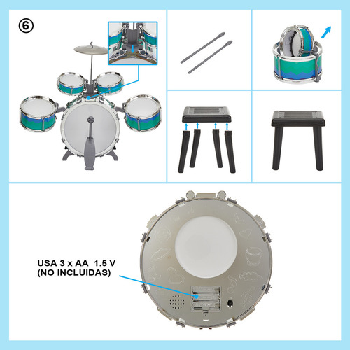 Batería Musical de Juguete Rovtop Toddler Drum Set Azul, Batería Niños Banco Baquetas Platillo Bombo Musicales Toygagade, 5 Tambor