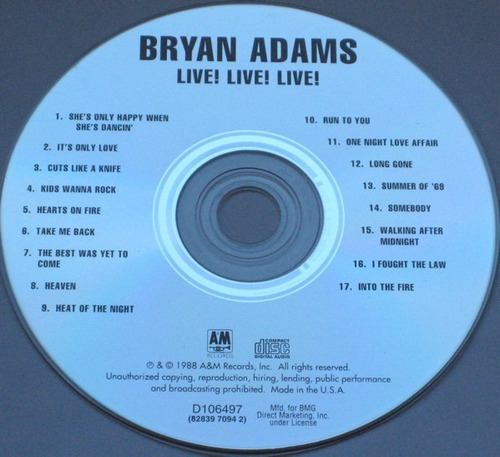 Bryan Adams Live! Live! Live! Cd Original Am Records 1988 Us (Usado)
