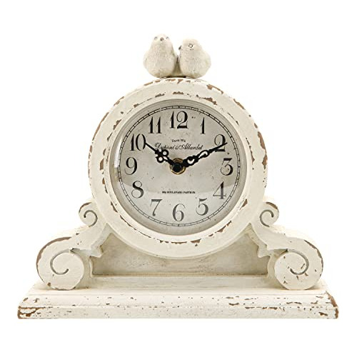 Reloj De Mesa Vintage 2 Pájaros, Blanco Desgastado