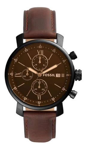 Reloj pulsera Fossil Rhrett Chronograph de cuerpo color negro, analógico, para hombre, fondo marrón oscuro, con correa de cuero color marrón oscuro, dial crema, subesferas color marrón oscuro, bisel color negro y hebilla simple