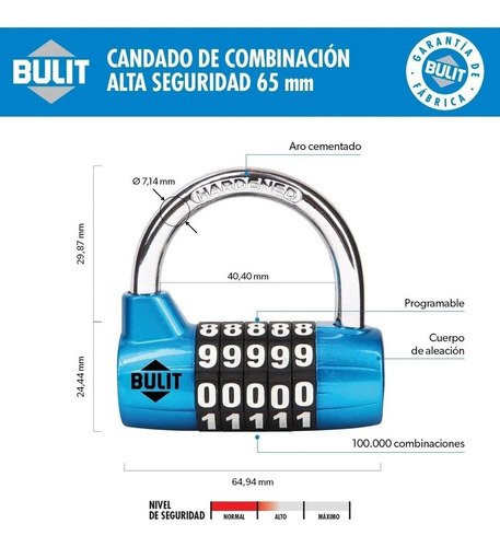 Imagen 2 de 10 de Candado De Aleación Bulit 10.000 Combinaciones 65mm Azul