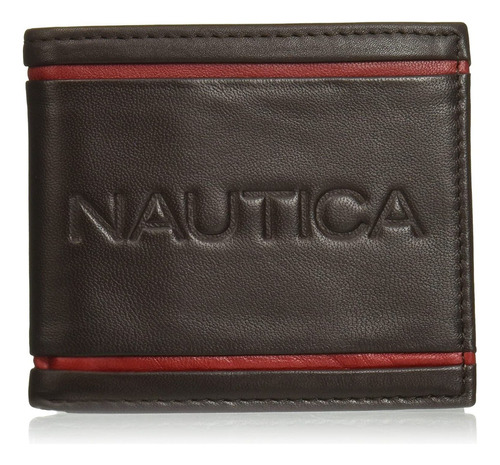 Nautica Billetera Cartera De Piel Café Bifold Bloqueo Rfid Color Marrón Oscuro Diseño De La Tela Liso