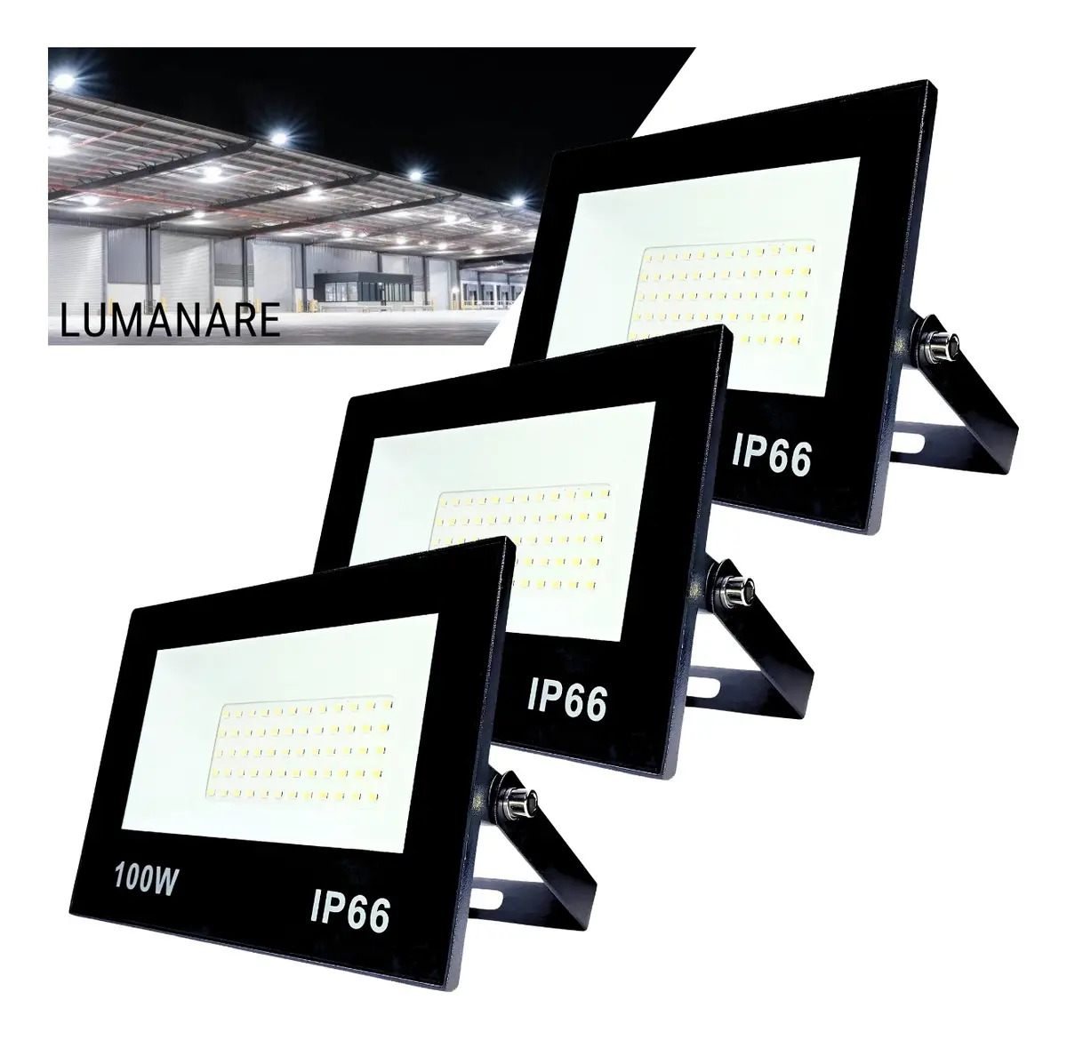 Kit 3 Refletor Holofote LED 100W Branco Frio 6500K IP66 À Prova D’Água Externo Carcaça Preta