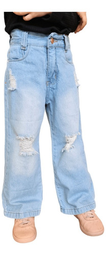 Jeans Infantil Para Meninas Calça Wide Leg Larguinha Rasgada