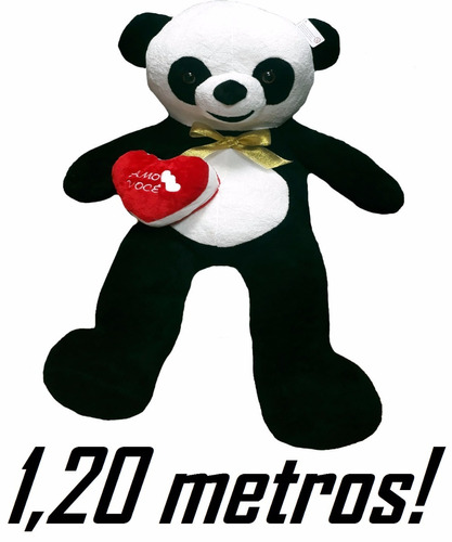 Urso Panda De Pelúcia Grande 1,20 Mts 120 Cm Lacinho Coração