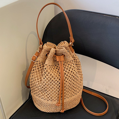 Bolso De Hombro Straw Bucket Bag Con Cordón Para Mujer