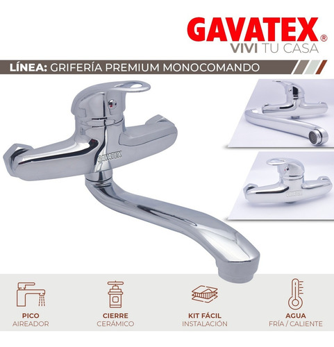 Grifería Monocomando Pico Largo Cocina Lavadero Pared Gx