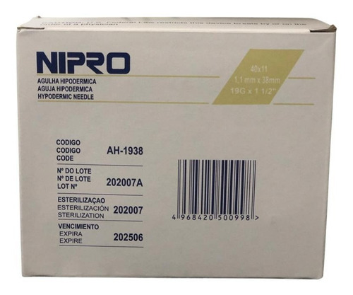 Aguja Hipodermica Nipro 19g 1 X 1/2  Caja 100 Unidades