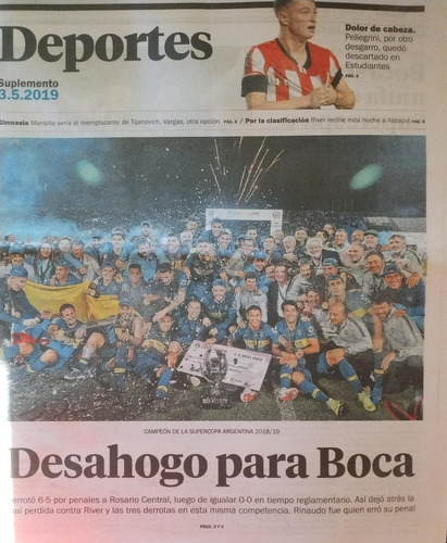 Boca Campeón Supercopa Argentina 2019. Suple Diario El Día (Usado)